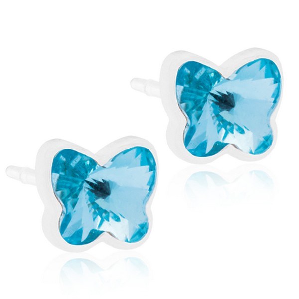 Blomdahl Butterfly øreringe i medicinsk plastik med blå zirkonia, sommerfugleform, Ø5 mm.